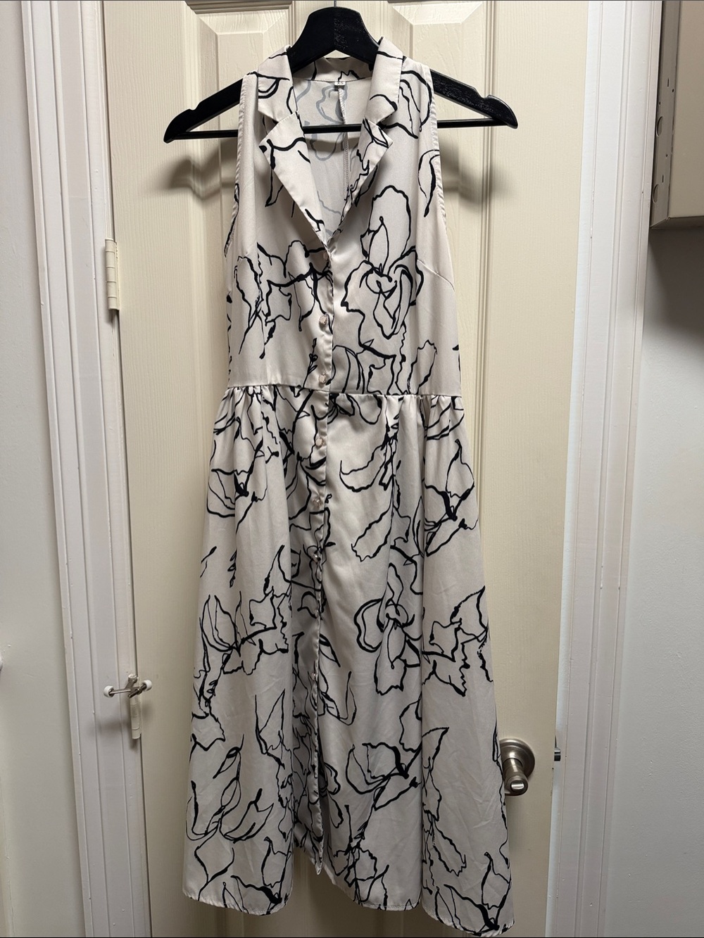 Sleeveless Ivory Midi Dress with Black Floral Outline